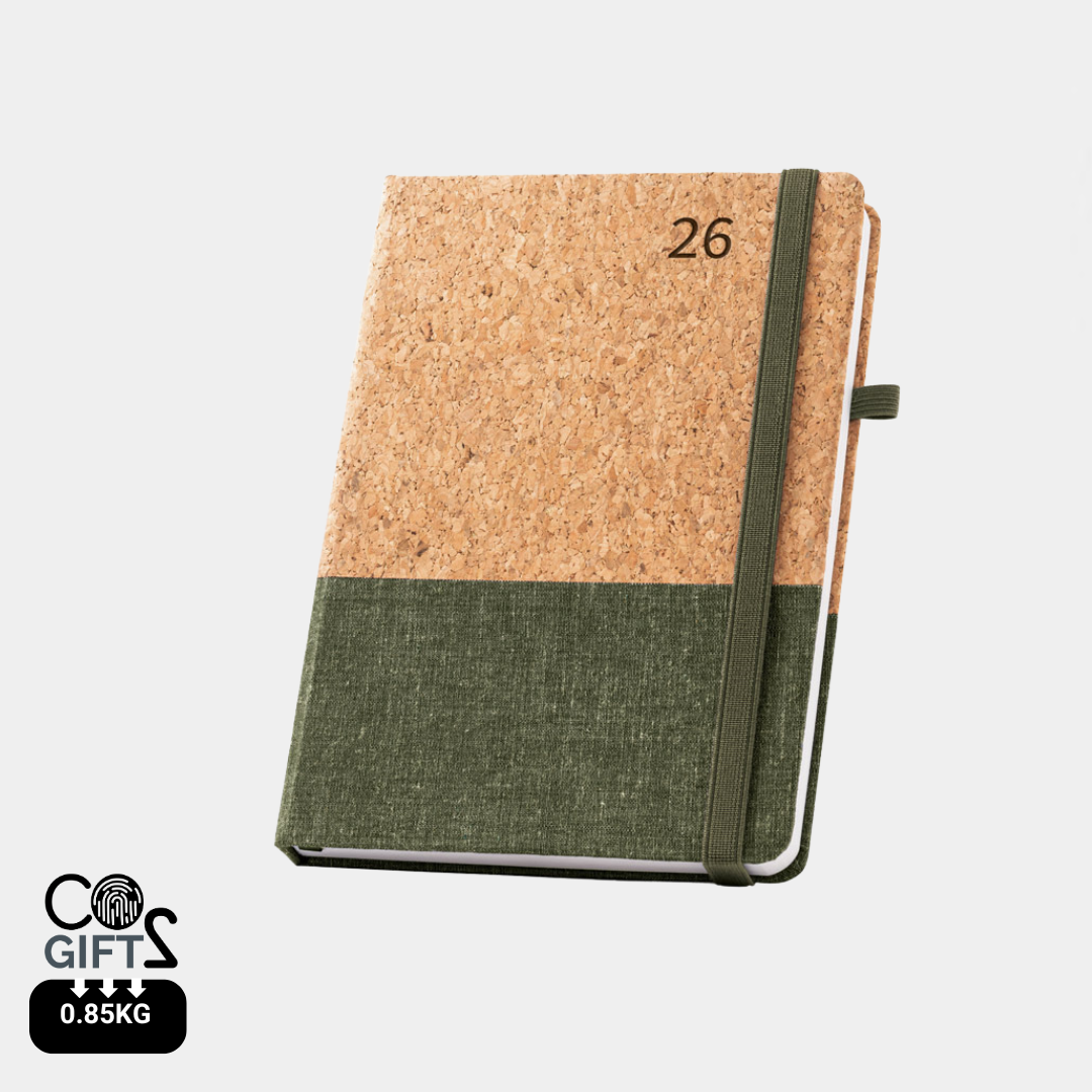 Agenda sostenible tamaño A5 2026 hecha de corcho natural y lino color verde