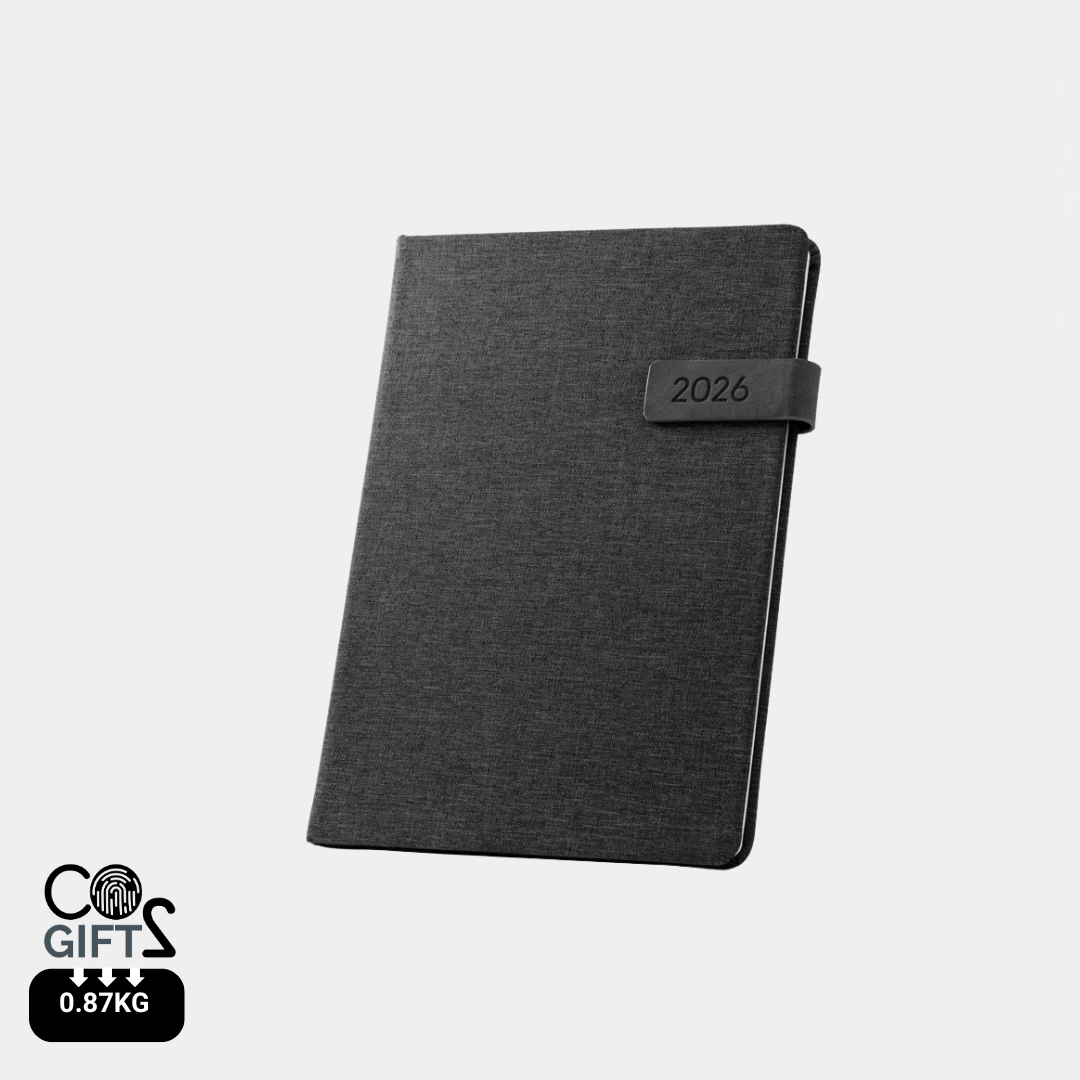Agenda corporativa sostenible tamaño B5 2026 con tapa de poliéster reciclado 100% rPET color negro