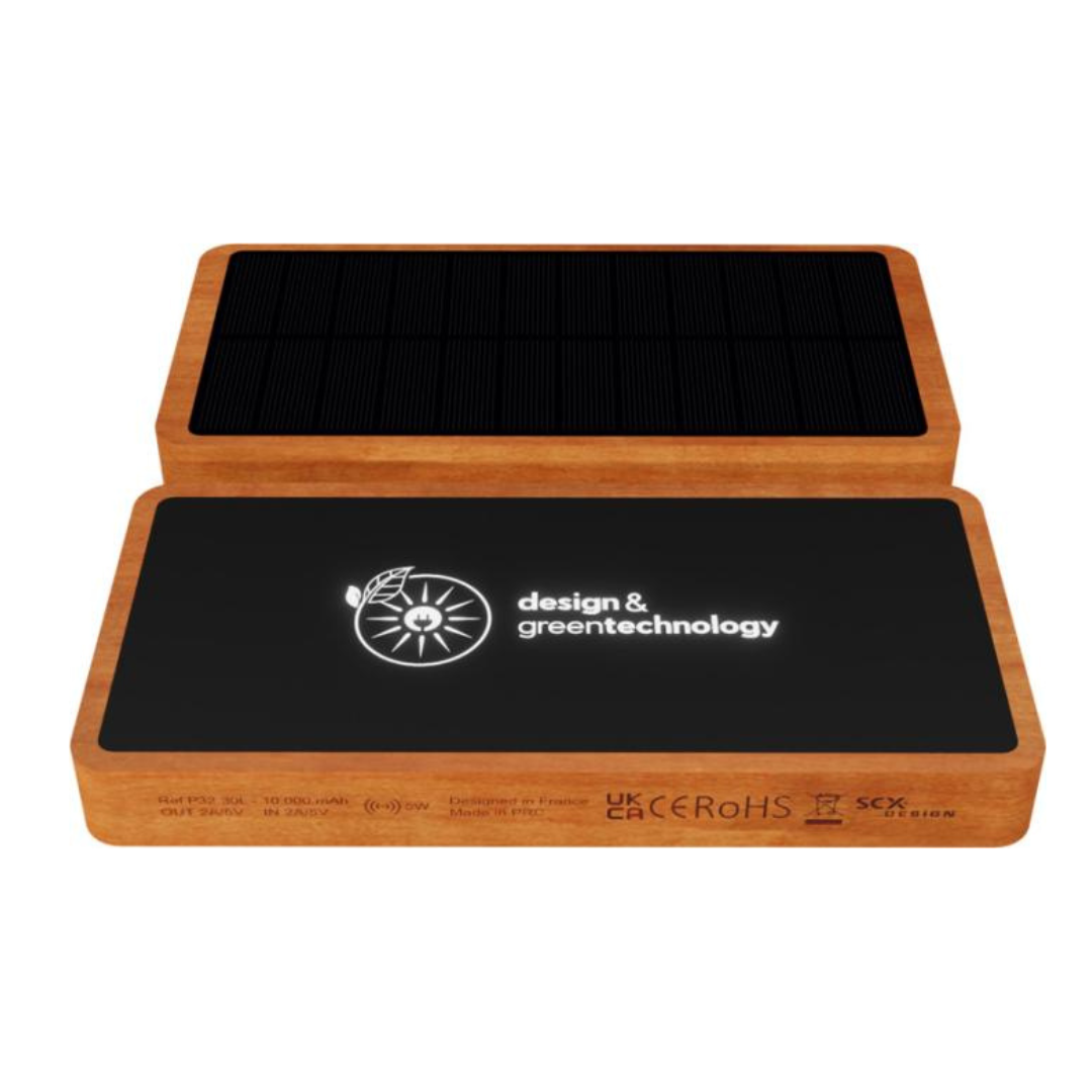 Batería Externa Sostenible de Carga Solar Fabricada en Plástico Reciclado y Bambú para Personalización Con Logo Retroiluminado SCX.design P32 - 10 000 mAh