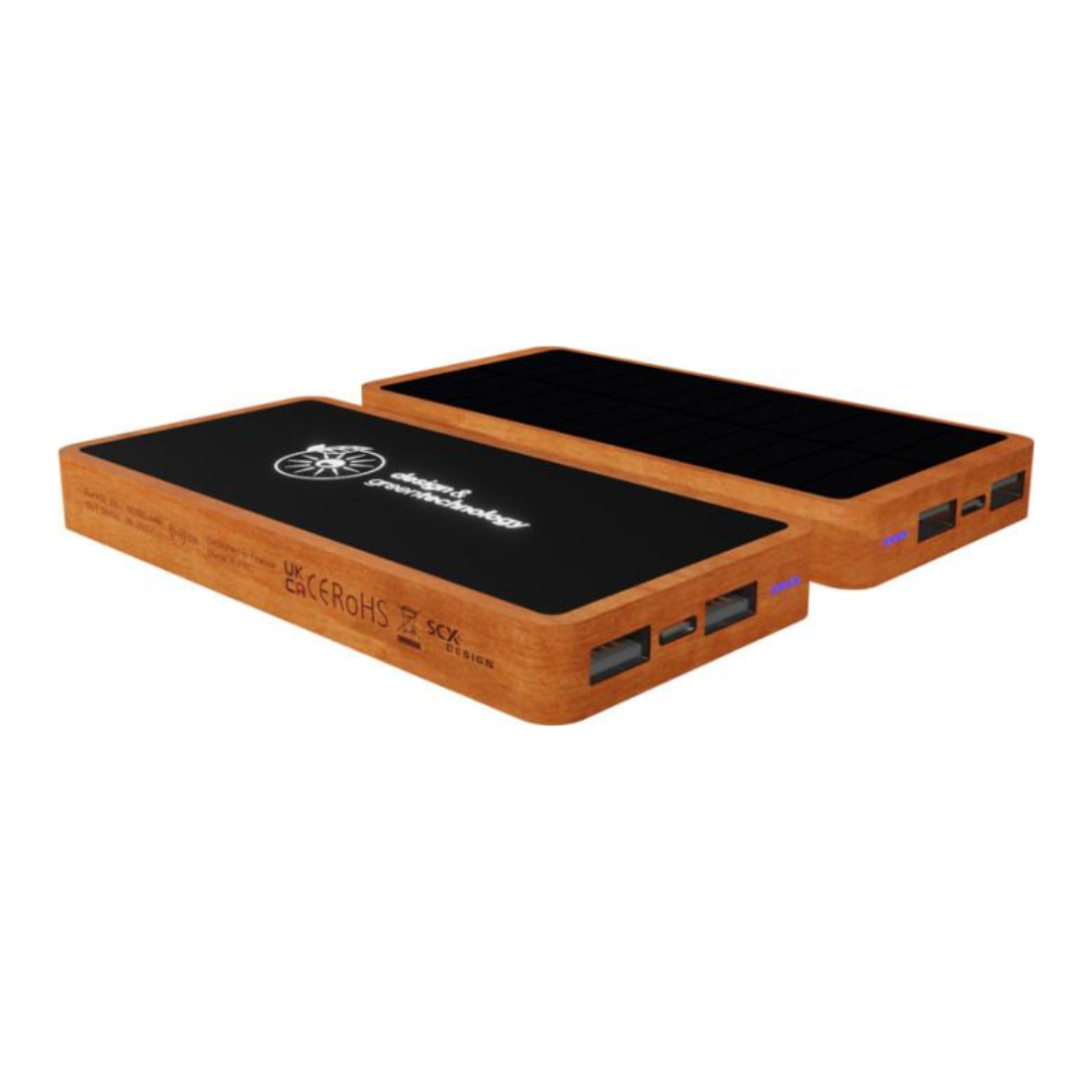 Batería Externa Sostenible de Carga Solar Fabricada en Plástico Reciclado y Bambú para Personalización Con Logo Retroiluminado SCX.design P32 - 10 000 mAh