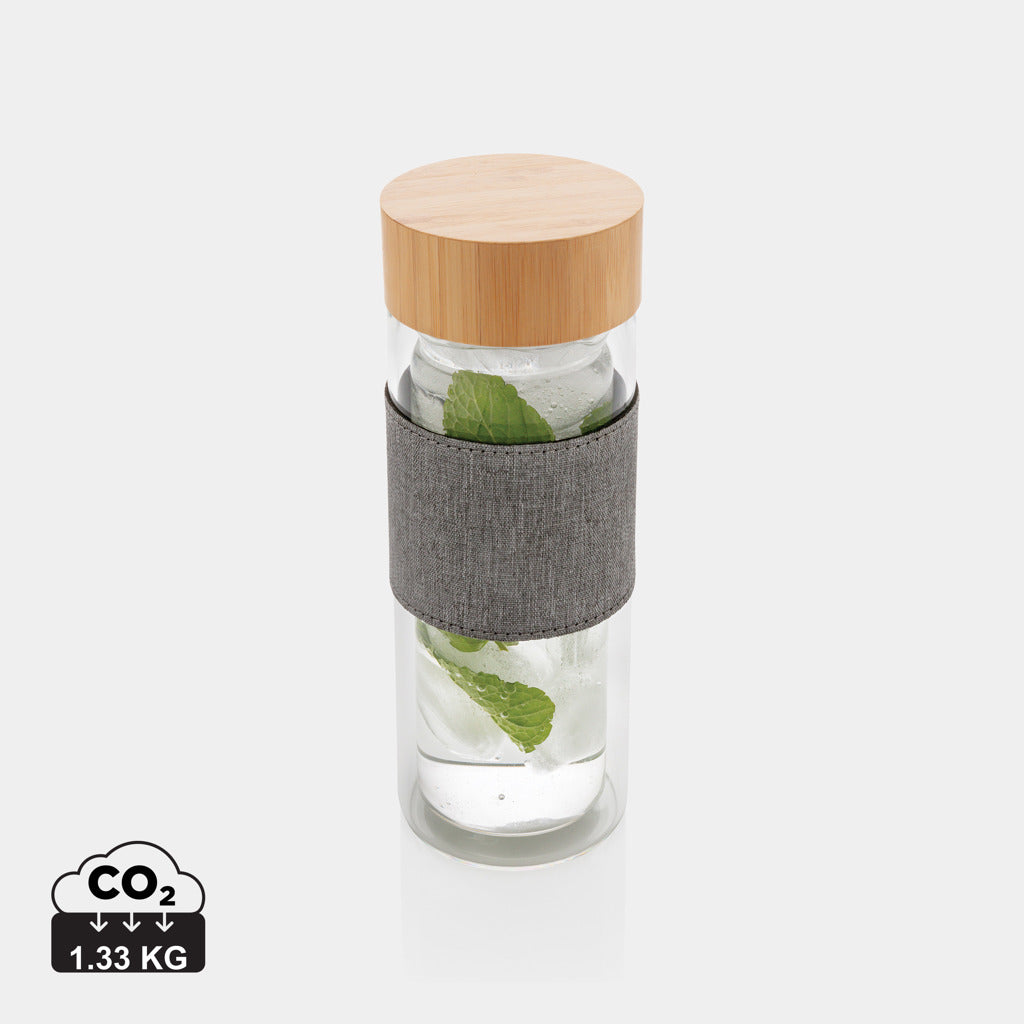 Bidón Térmico Sostenible Impact de Vidrio de Borosilicato de Doble Pared con Tapa de Bambú con Funda Personalizable 360 ml