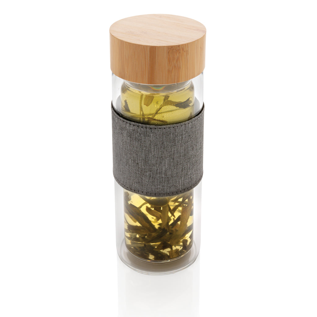 Bidón Térmico Sostenible Impact de Vidrio de Borosilicato de Doble Pared con Tapa de Bambú con Funda Personalizable 360 ml