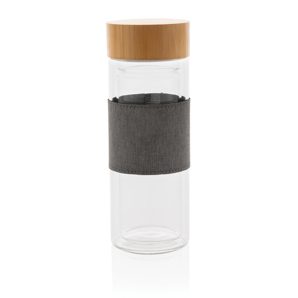 Bidón Térmico Sostenible Impact de Vidrio de Borosilicato de Doble Pared con Tapa de Bambú con Funda Personalizable 360 ml
