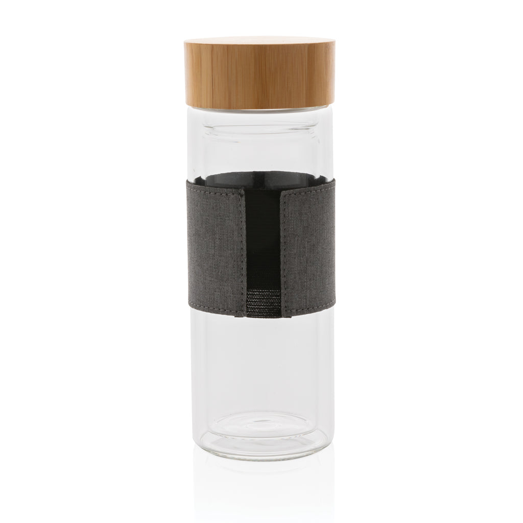 Bidón Térmico Sostenible Impact de Vidrio de Borosilicato de Doble Pared con Tapa de Bambú con Funda Personalizable 360 ml