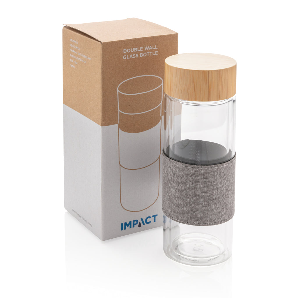 Bidón Térmico Sostenible Impact de Vidrio de Borosilicato de Doble Pared con Tapa de Bambú con Funda Personalizable 360 ml