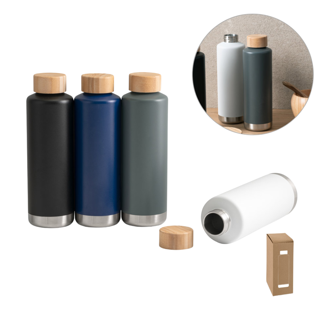 Botella Térmica Sostenible de 36% Acero Inoxidable Reciclado de Doble Pared para Personalizar con Tapa de Bambú Norre Bottle - 640ml