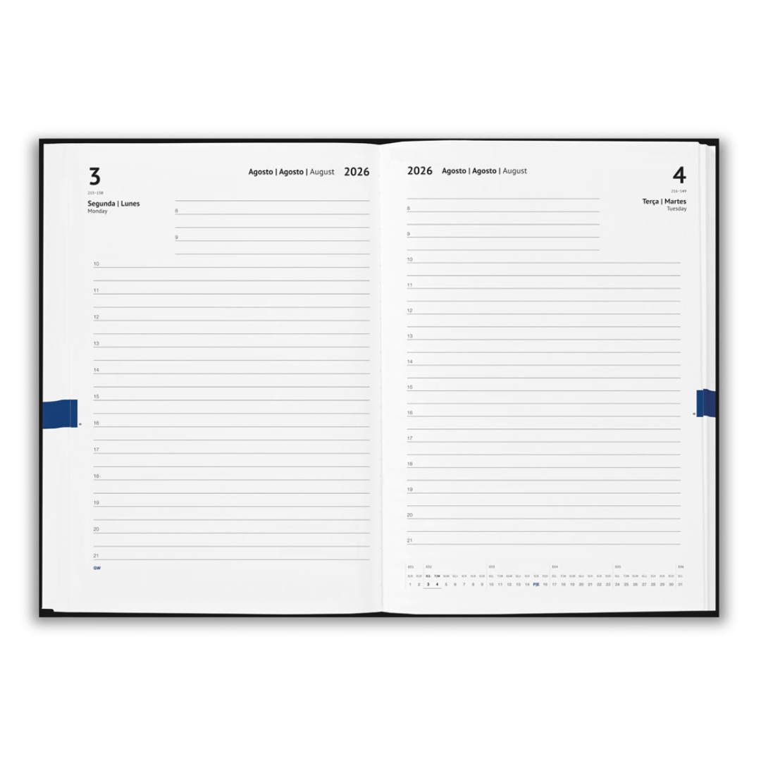 Páginas interiores de agenda con planificación diaria impresas en papel certificado FSC™.