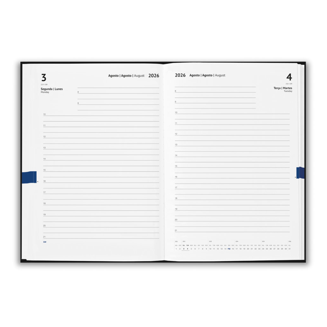 Páginas interiores de agenda 2026 con planificador diario y papel certificado FSC™