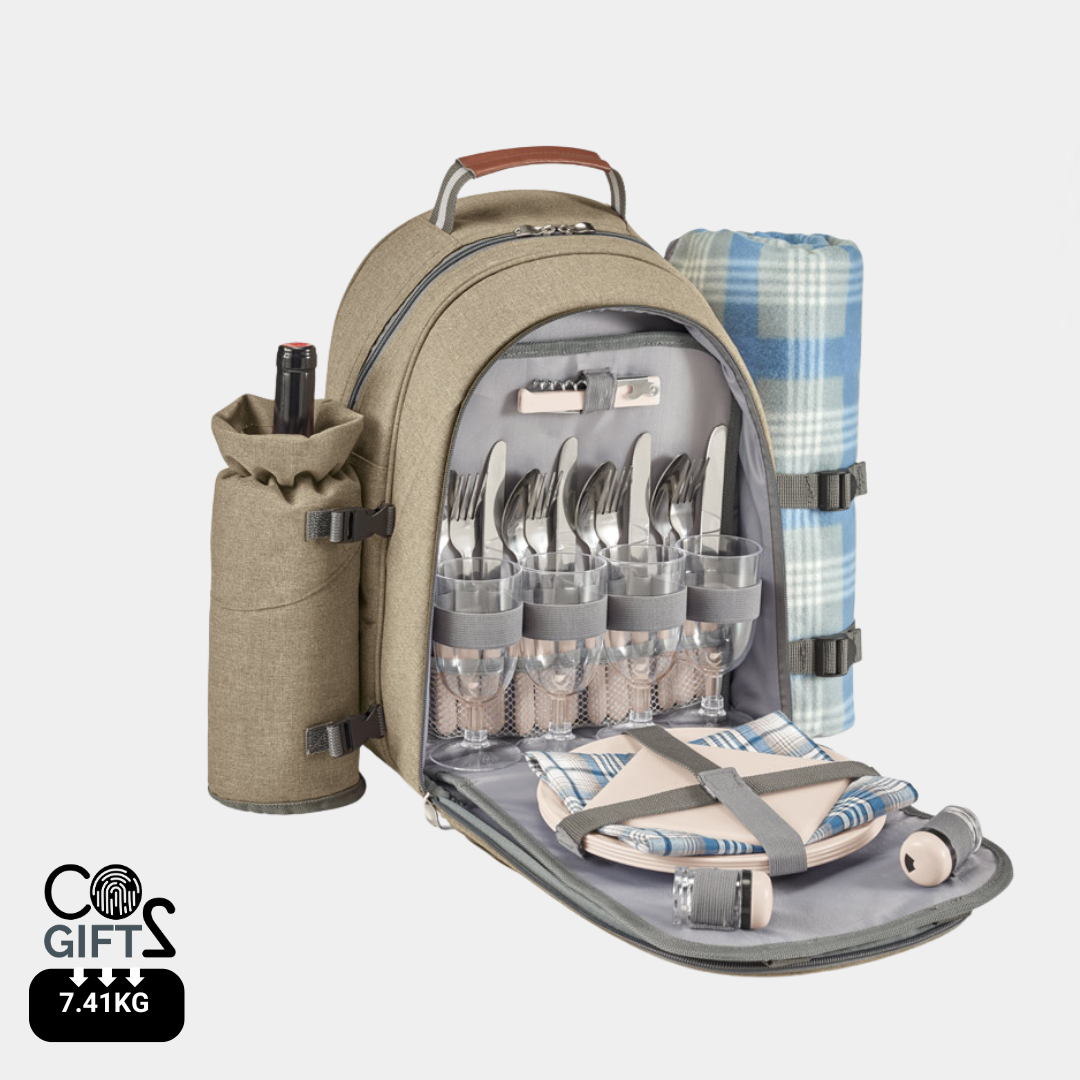 Mochila térmica de picnic fabricada en poliéster reciclado rPET 600D con manta y accesorios