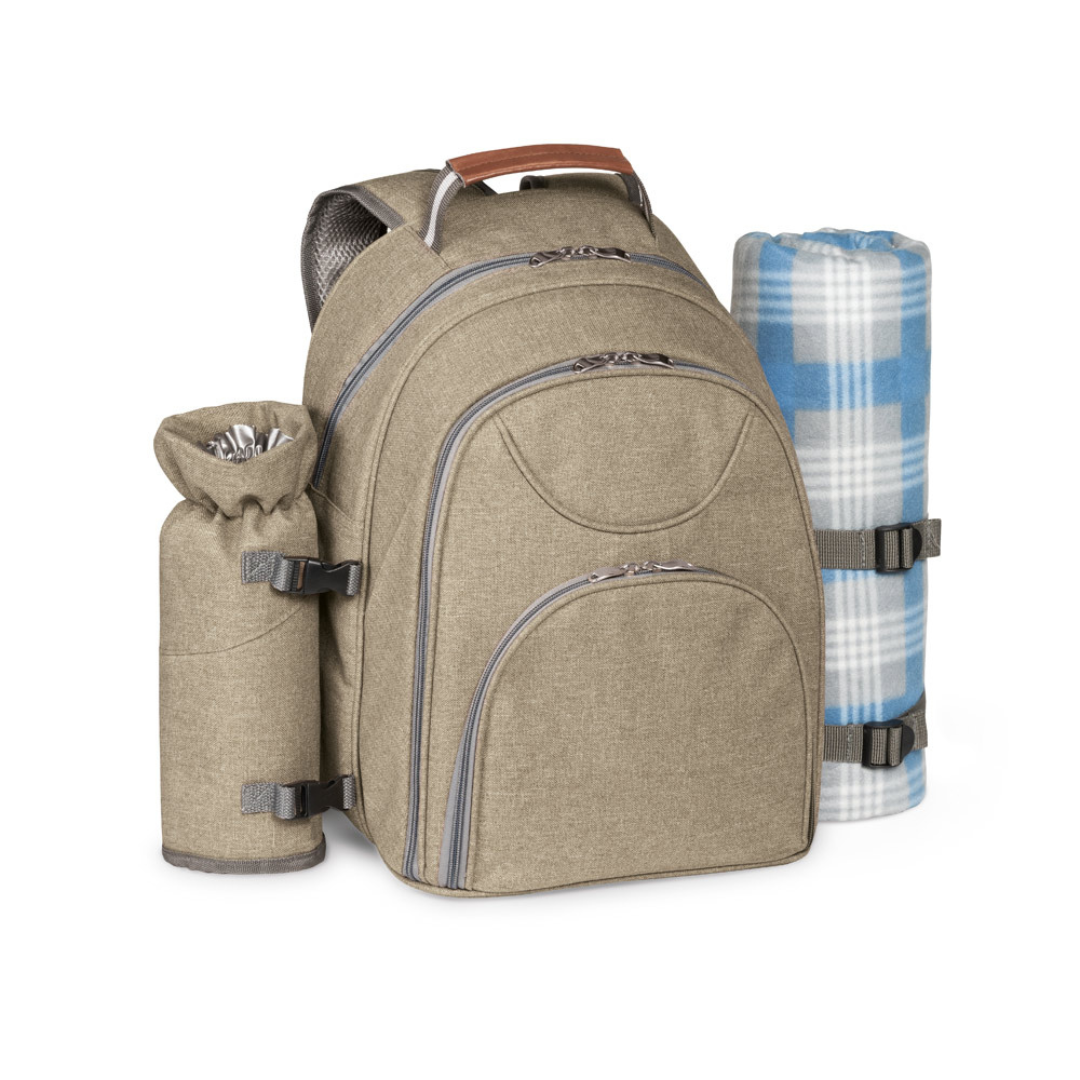 Mochila térmica de picnic fabricada en poliéster reciclado rPET 600D con manta y accesorios