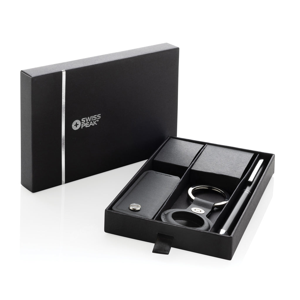 Set de Regalo de 3 piezas con Bolígrafo de Aluminio Reciclado, Llavero y Soporte para AirTag Ecológico de PU Reciclado con Certificado RCS para Personalizar Especial Welcome Pack Tula Lujo
