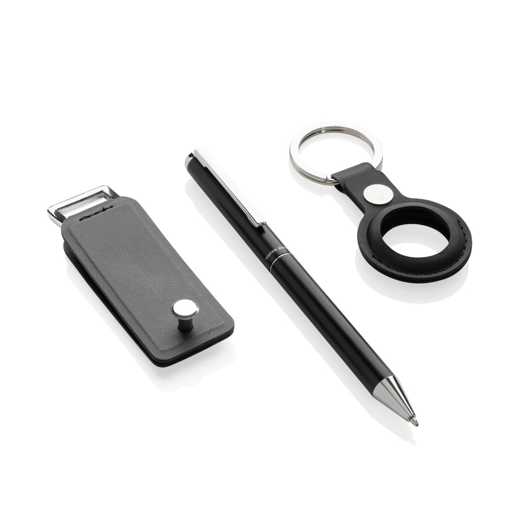 Set de Regalo de 3 piezas con Bolígrafo de Aluminio Reciclado, Llavero y Soporte para AirTag Ecológico de PU Reciclado con Certificado RCS para Personalizar Especial Welcome Pack Tula Lujo