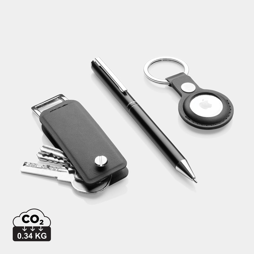 Set de Regalo de 3 piezas con Bolígrafo de Aluminio Reciclado, Llavero y Soporte para AirTag Ecológico de PU Reciclado con Certificado RCS para Personalizar Especial Welcome Pack Tula Lujo