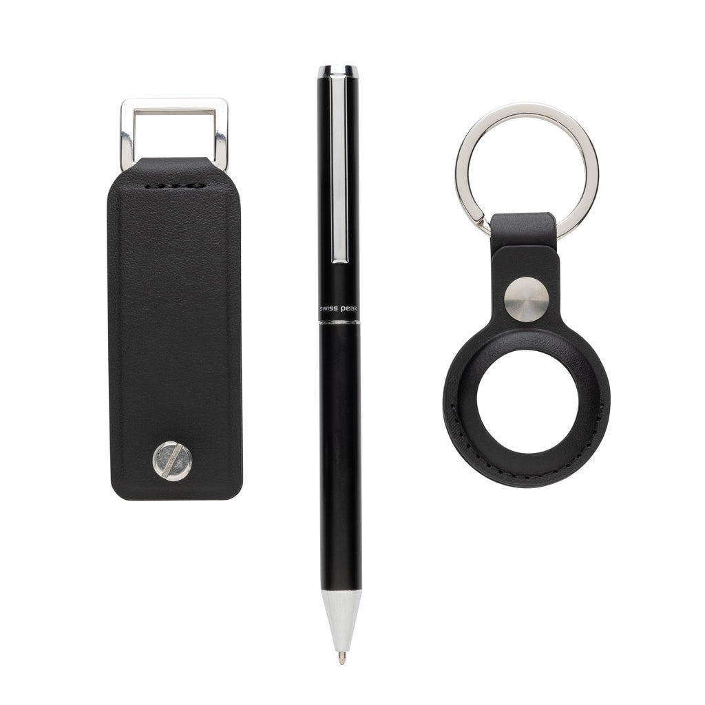 Set de Regalo de 3 piezas con Bolígrafo de Aluminio Reciclado, Llavero y Soporte para AirTag Ecológico de PU Reciclado con Certificado RCS para Personalizar Especial Welcome Pack Tula Lujo