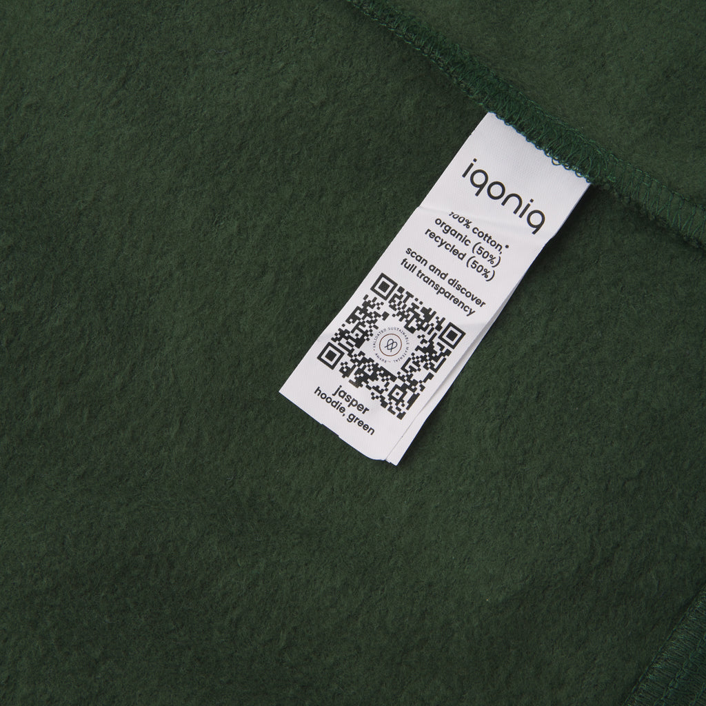 Sudadera con Capucha Ecológica de 50% Algodón Reciclado y 50% Algodón Orgánico para Personalizar con Trazador AWARE™ Iqonic Jasper 340 G/M²
