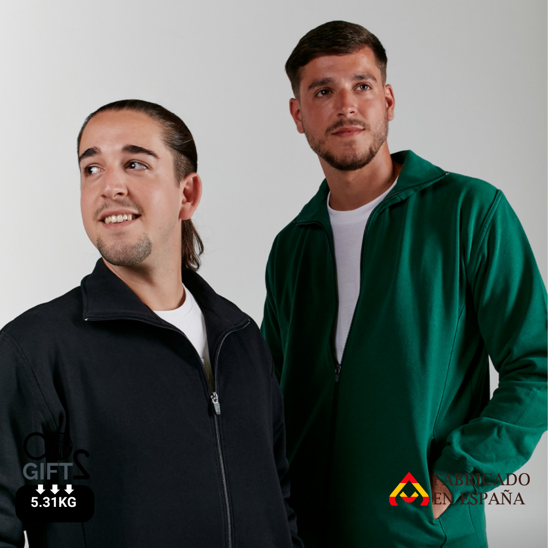 Sudadera de Cremallera Sostenible de Algodón Reciclado y Poliéster Reciclado Personalizable Fabricada en España Ecosistema Unisex - Felpa Perchada 285gr/m2