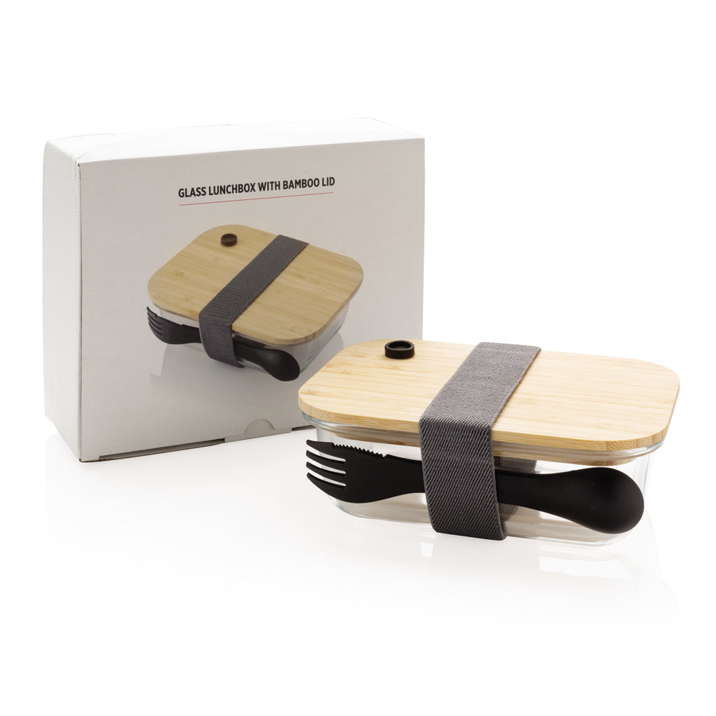 Tupper Ecológico de Vidrio de Borosilicato con Tapa de Bambú para Personalizar con Tenedor Reutilizable Incluido Especial Oficinas - 0,6L