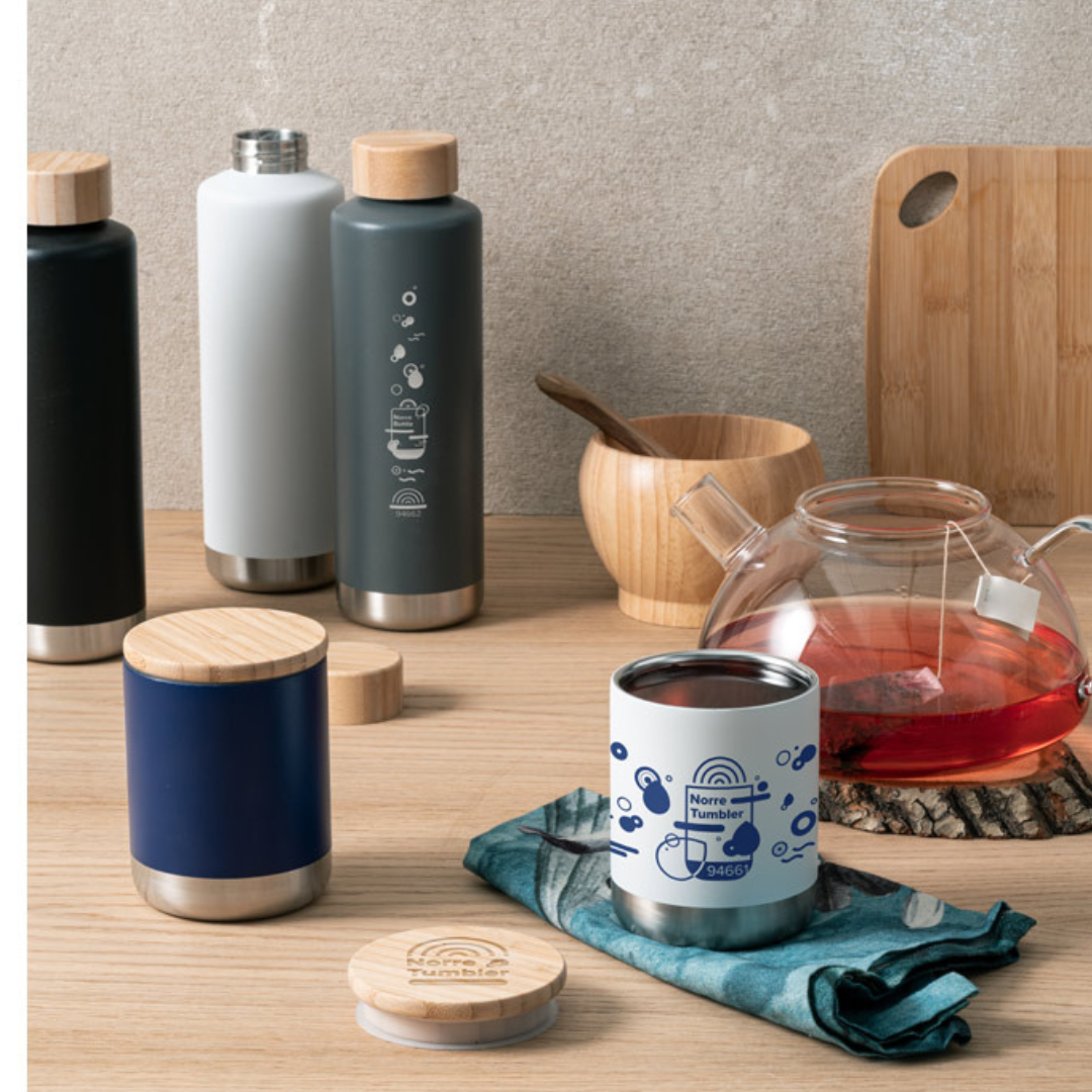 Vaso Take Away Ecológico de Acero Inoxidable( 36% Reciclado) con Tapa de Bambú para Personalizar Norre Tumbler - 370ml