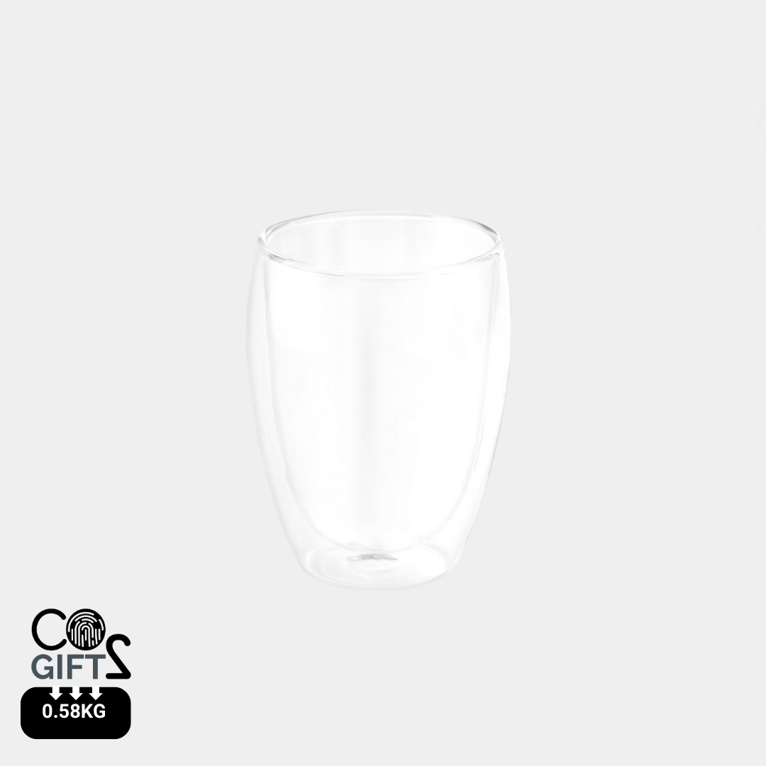 Vaso de vidrio borosilicato de 220 mL con doble pared aislante, perfecto para café o infusiones, regalo corporativo ecológico con baja huella de carbono