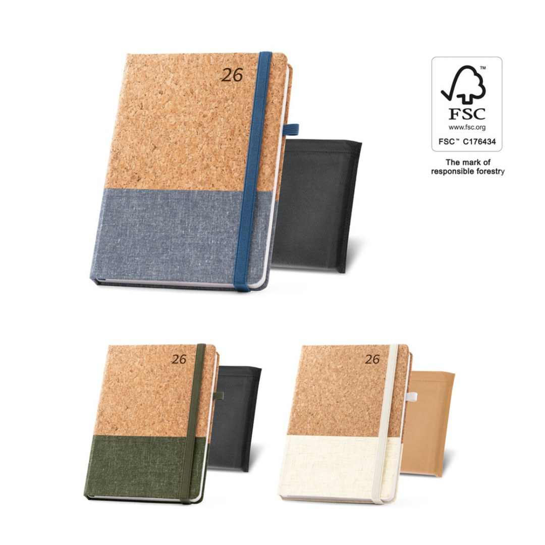 Agenda sostenible tamaño A5 2026 hecha de corcho natural y lino en tres colores