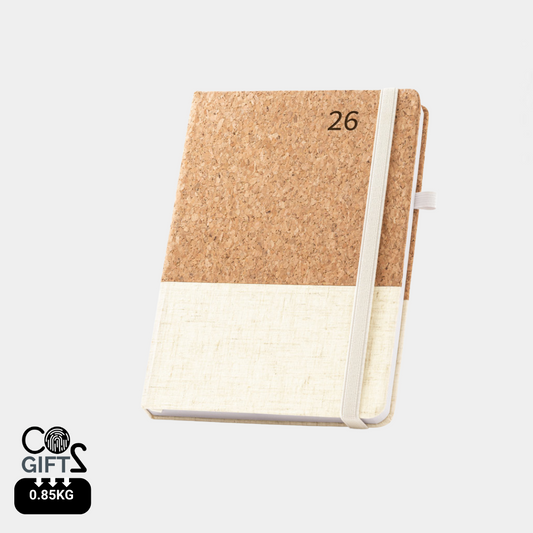 Agenda sostenible tamaño A5 2026 hecha de corcho natural y lino color natural