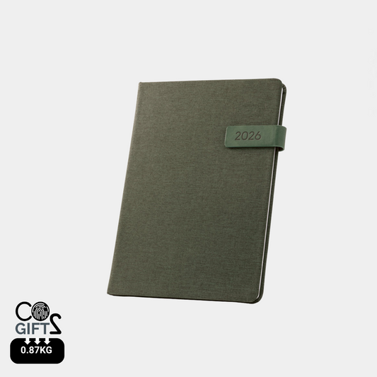  Agenda corporativa sostenible tamaño B5 2026 con tapa de poliéster reciclado 100% rPET en color verde 