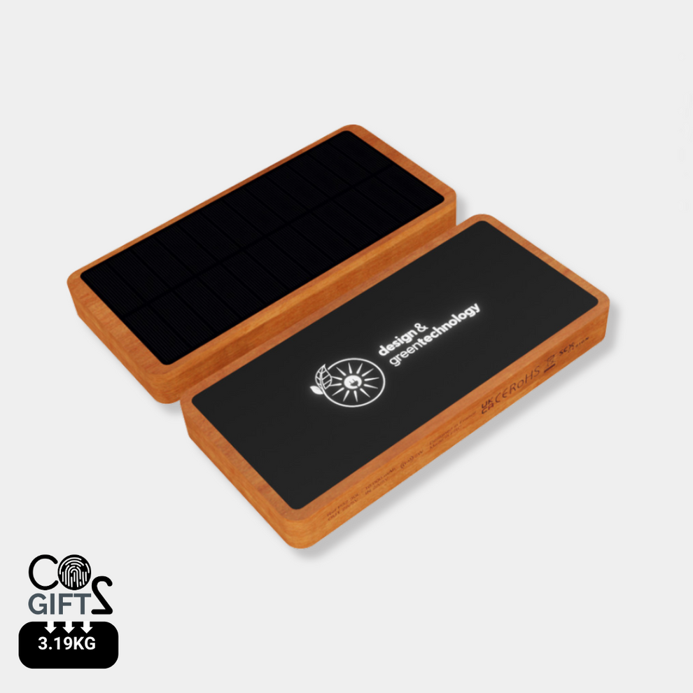 Powerbank solar personalizado de bambú con logo retroiluminado para regalos corporativos tecnológicos