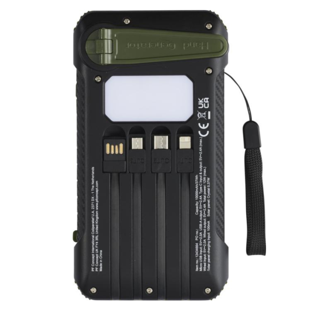 Batería Externa Sostenible de Carga Solar y Dinamo Manivela Fabricada en Plástico Reciclado RCS para Personalizar Soldy- 10 000 mAh