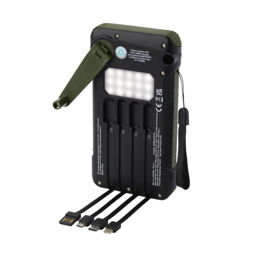 Batería Externa Sostenible de Carga Solar y Dinamo Manivela Fabricada en Plástico Reciclado RCS para Personalizar Soldy- 10 000 mAh