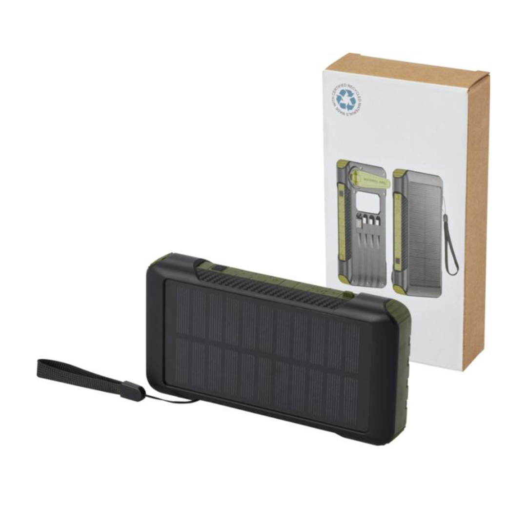 Batería Externa Sostenible de Carga Solar y Dinamo Manivela Fabricada en Plástico Reciclado RCS para Personalizar Soldy- 10 000 mAh