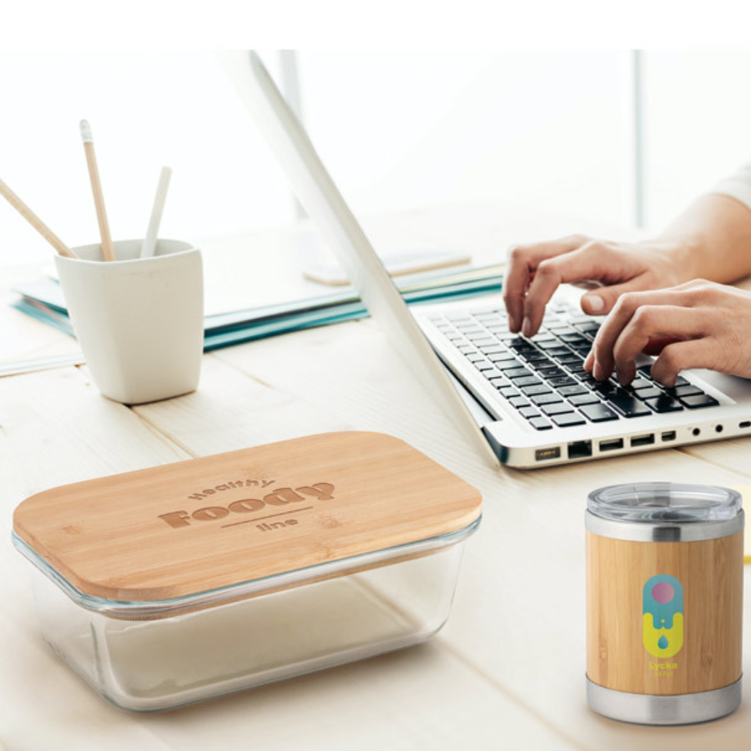 Fiambrera ecológica presentada en caja de papel kraft reciclable regalo corporativo sostenible