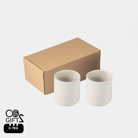 Juego de dos tazas de cerámica con acabado mate en caja de papel kraft, regalo corporativo sostenible