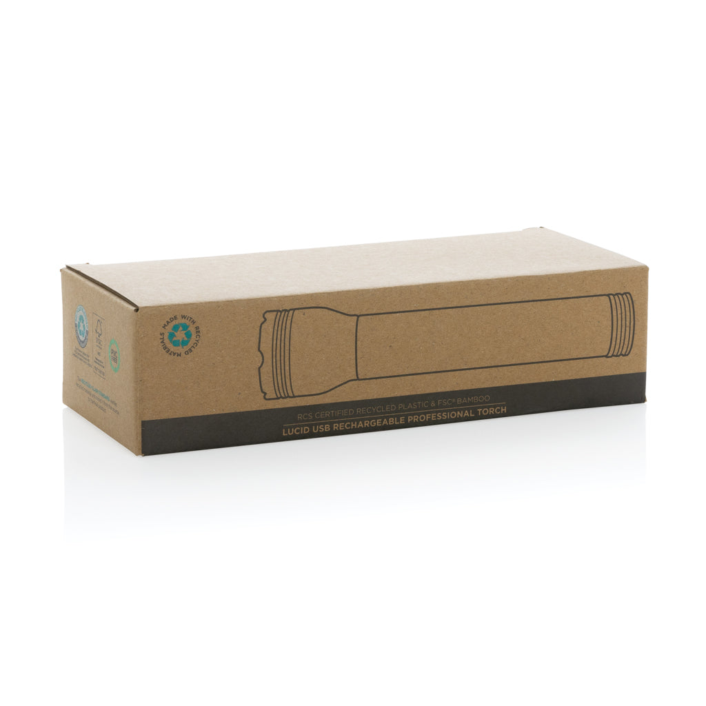Linterna Recargable USB Sostenible de Bambú FSC®y ABS Reciclado con Certificado RCS con 150m de Alcance y 3 Modos de Luz para Personalizar Lucid - 5W