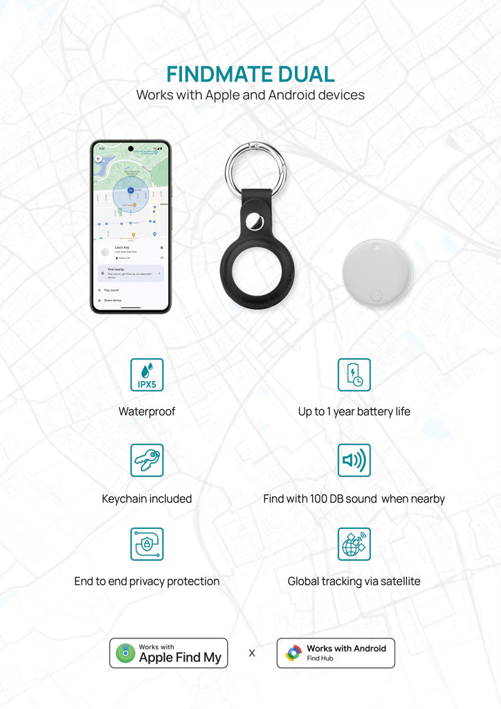 Localizador de Artículos Compatible con "FindMy" y "Find Hub" Sostenible de ABS Reciclado con Certificado RCS Personalizable Findmate RCS Dual IPX 5