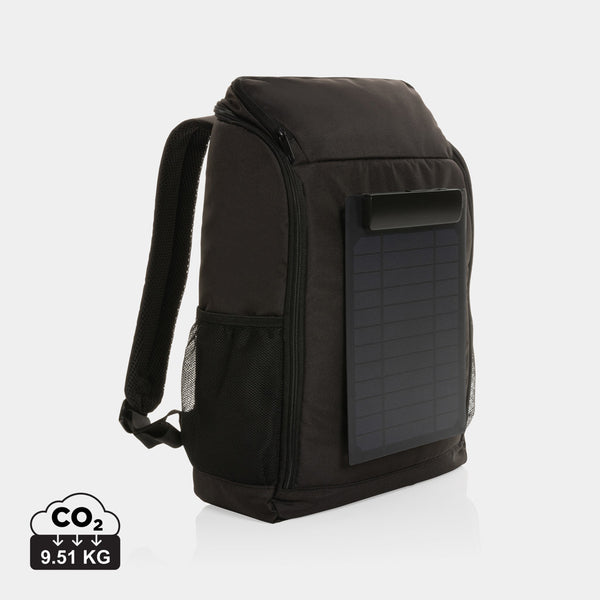 Mochila Sostenible Personalizable de rPET con Panel Solar 5W para Carga de Dispositivos con Compartimento para Ordenador 15, 6" ,Trazador AWARE™ y Huella Co2