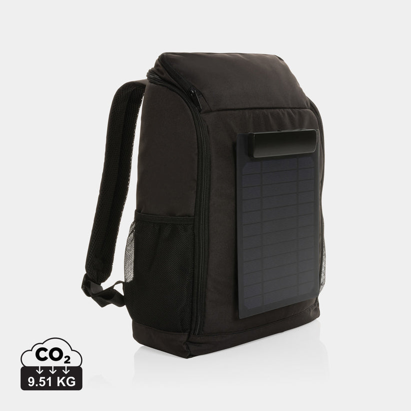 Mochila Sostenible Personalizable de rPET con Panel Solar 5W para Carga de Dispositivos con Compartimento para Ordenador 15, 6" ,Trazador AWARE™ y Contribución a ONG
