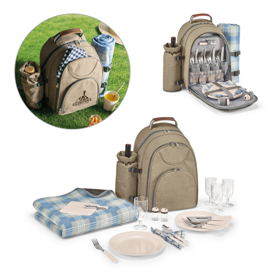 Set completo de picnic con cubiertos de acero inoxidable, platos, vasos y servilletas en mochila sostenible