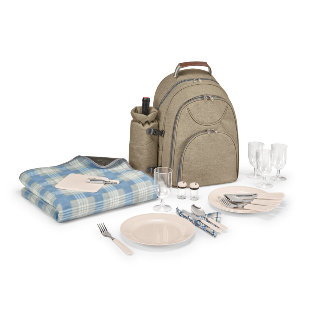 Mochila térmica de picnic fabricada en poliéster reciclado rPET 600D con manta y accesorios