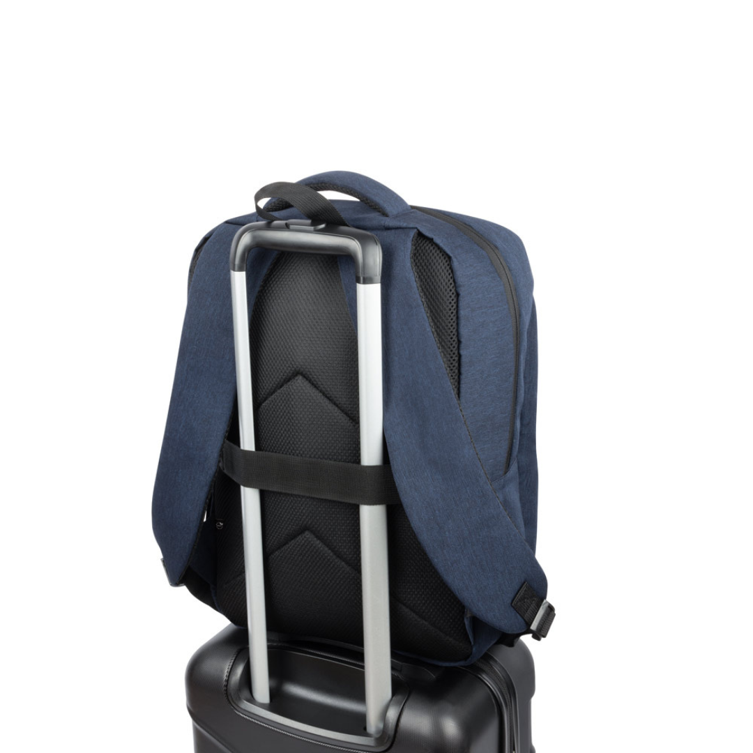 Mochila reciclada con bolsillos organizadores, lateral para botella y correa trolley