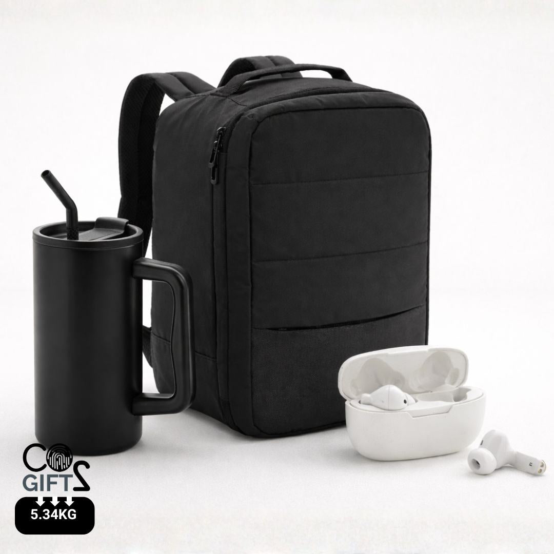 Pack Horizon welcome pack tech sostenible con mochila reciclada, taza térmica y auriculares inalámbricos para empresas