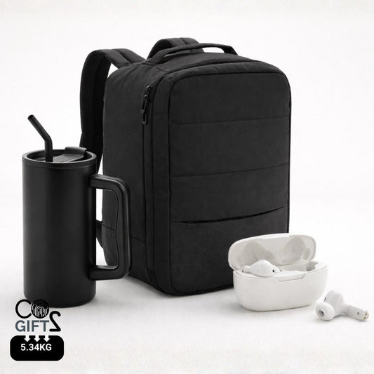Pack Horizon welcome pack tech sostenible con mochila reciclada, taza térmica y auriculares inalámbricos para empresas