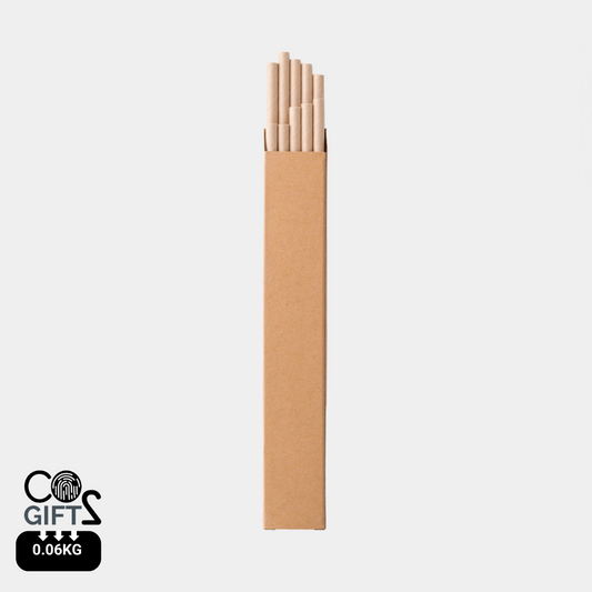 Pack de 10 pajitas desechables de papel kraft en caja reciclable, opción sostenible para merchandising ecológico y regalos corporativos con baja huella de CO₂