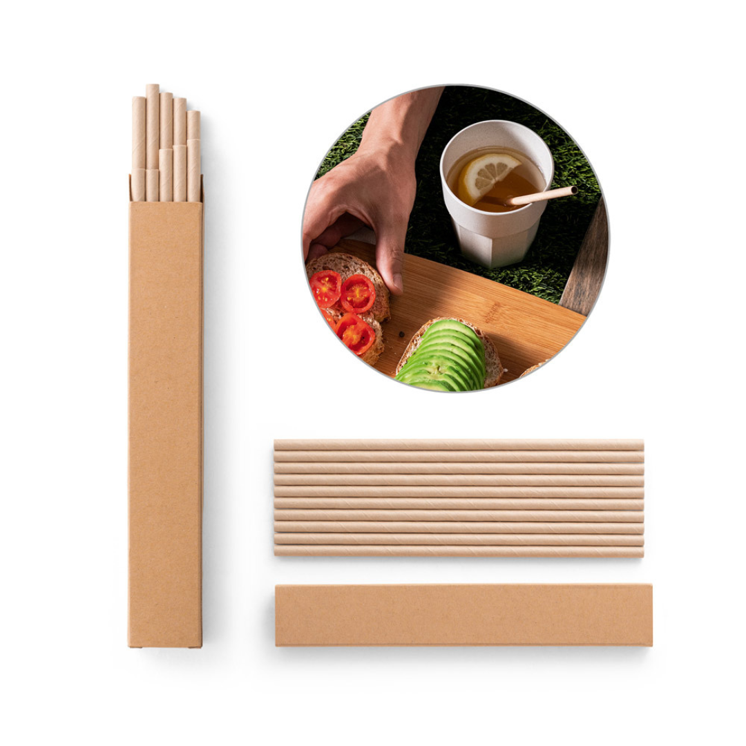 Pack de 10 pajitas desechables de papel kraft en caja reciclable, opción sostenible para merchandising ecológico y regalos corporativos con baja huella de CO₂