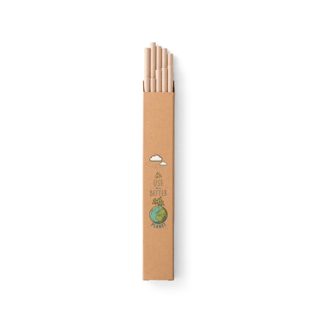 Pack de 10 pajitas desechables de papel kraft en caja reciclable, opción sostenible para merchandising ecológico y regalos corporativos con baja huella de CO₂