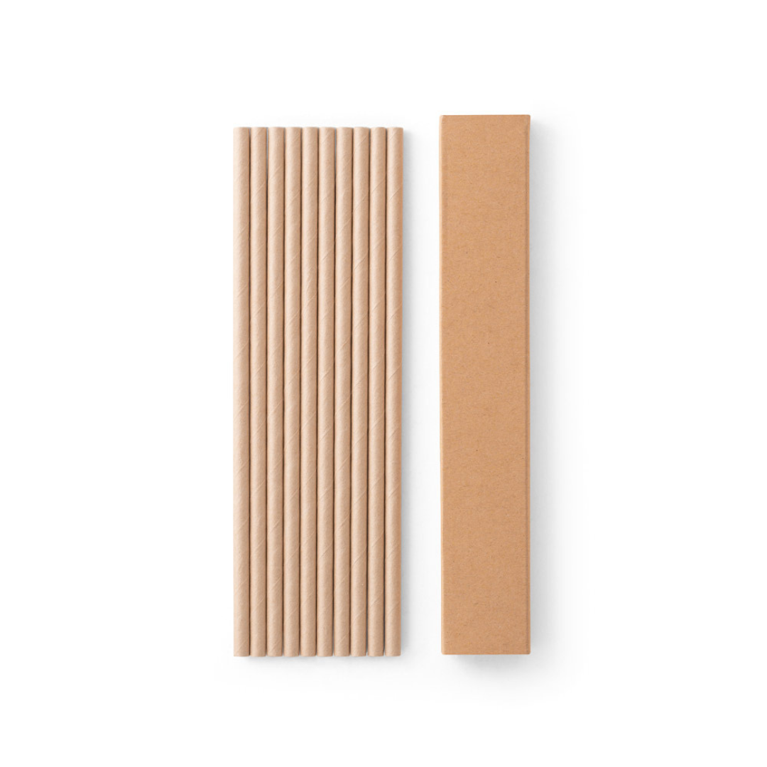 Pack de 10 pajitas desechables de papel kraft en caja reciclable, opción sostenible para merchandising ecológico y regalos corporativos con baja huella de CO₂