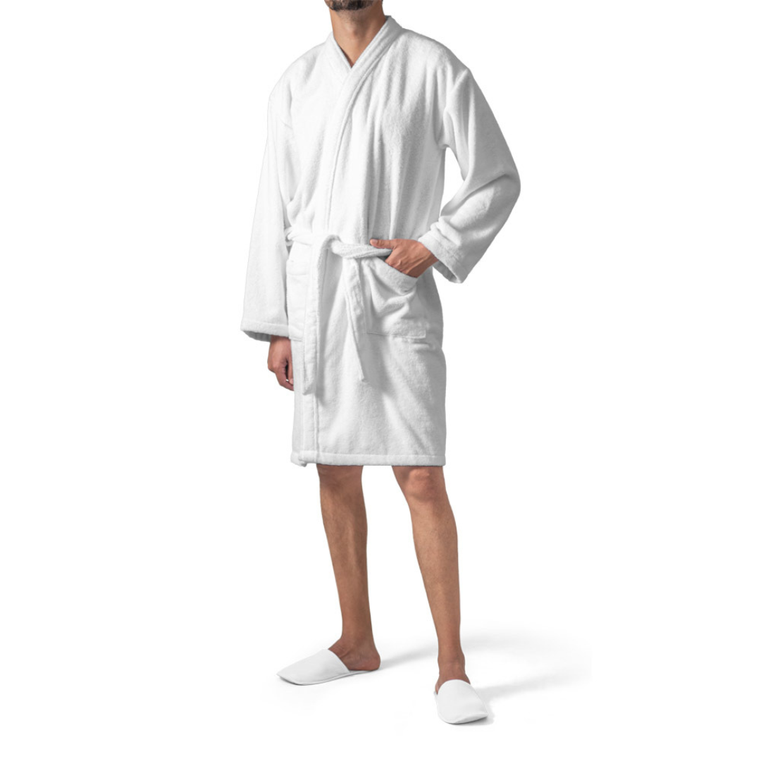 Albornoz blanco suave y absorbente, confeccionado con algodón reciclado y certificado OEKO-TEX®, ideal como regalo de empresa sostenible.