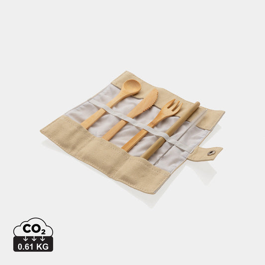Set Juego Sostenible de Cubiertos Reutilizables de Bambú con Bolsa de Viaje Personalizable