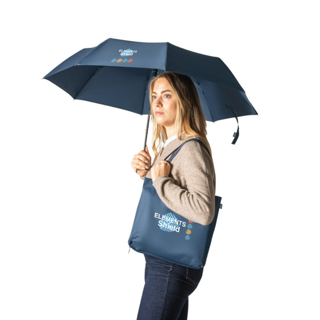 Set de paraguas plegable ecológico y bolsa de compra reciclada para merchandising