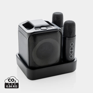 Set de Karaoke Sostenible de ABS Reciclado con Certificado RCS para Personalizar con Dos Micrófonos y Altavoz 5W SingVibe