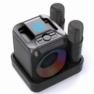 Set de Karaoke Sostenible de ABS Reciclado con Certificado RCS para Personalizar con Dos Micrófonos y Altavoz 5W SingVibe